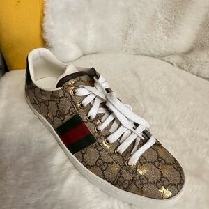 Gucci Beige Monogram Sneakers with Red and Green Accents